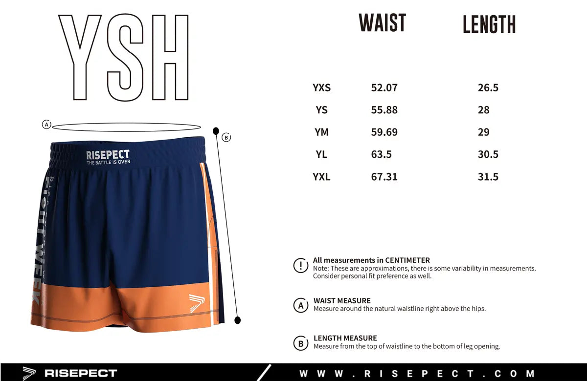 Kids Sizes Chart of Orange High Slit Battle Week BJJ MMA Hybrid Shorts