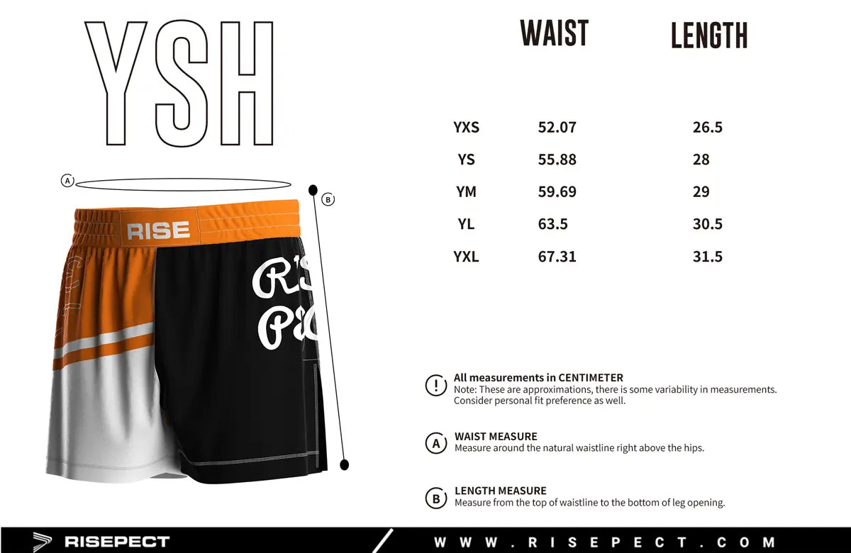 Kids Sizes Chart of Orange High Slit Ignite Line BJJ MMA Hybrid Shorts