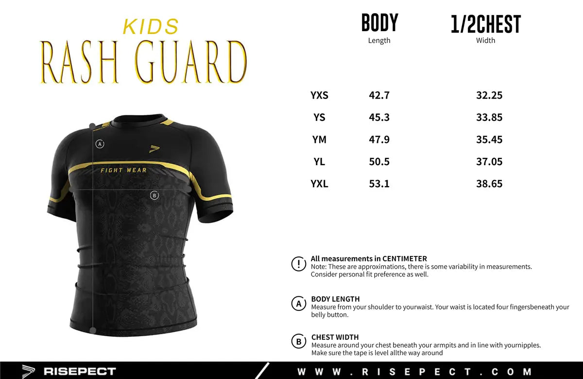 Kids Sizes Chart of Serpent Strike Rash Guard for MMA & BJJ