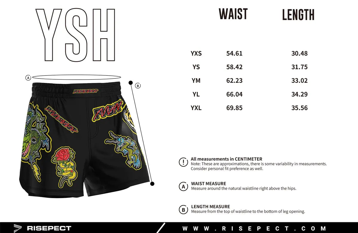 Kids Sizes Chart of Tattoo Spirit Warrior MMA Shorts