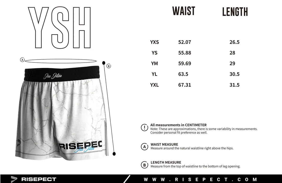 Kids Sizes Chart of White High Slit Stonewave BJJ MMA Hybrid Shorts