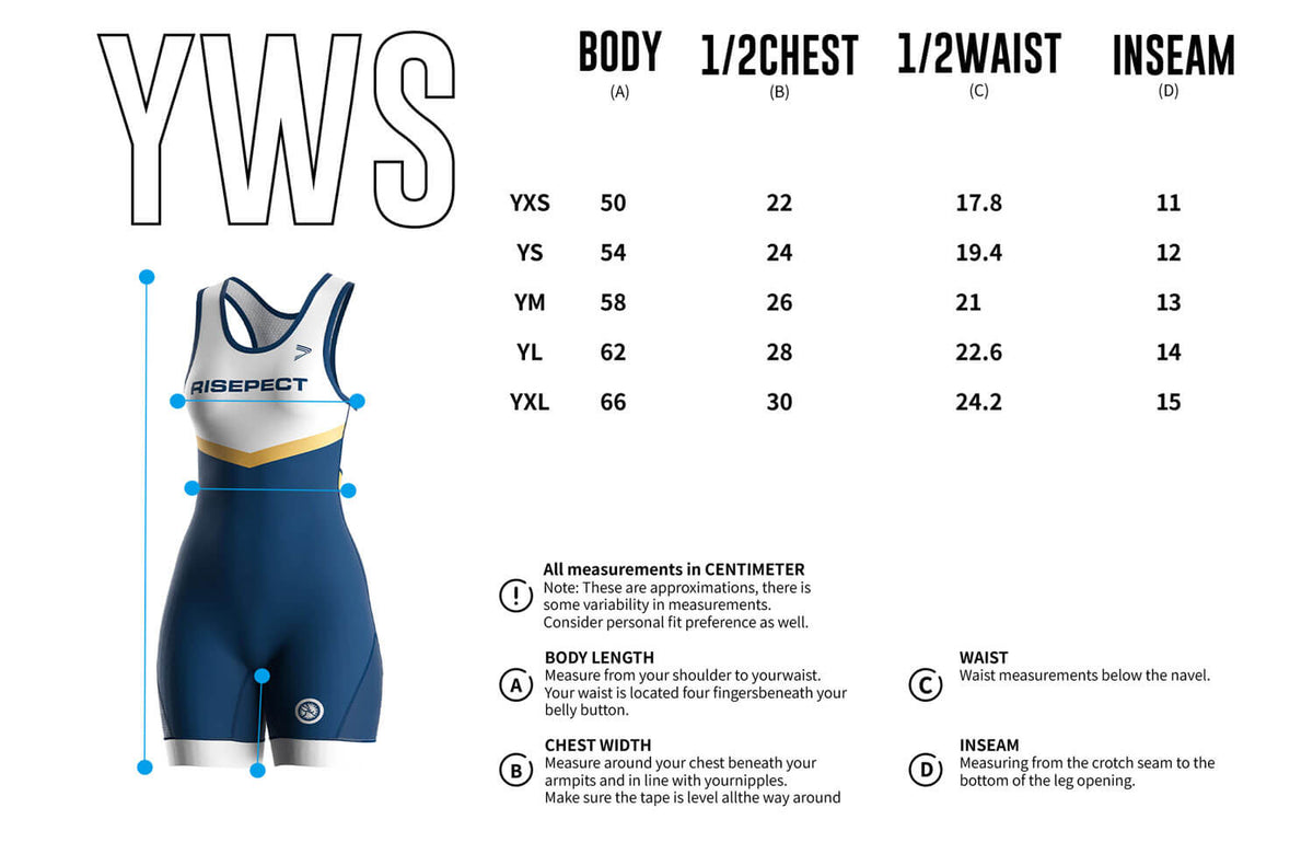 Kids Size Chart of women's wrestling singlet navy blue with white and gold trim