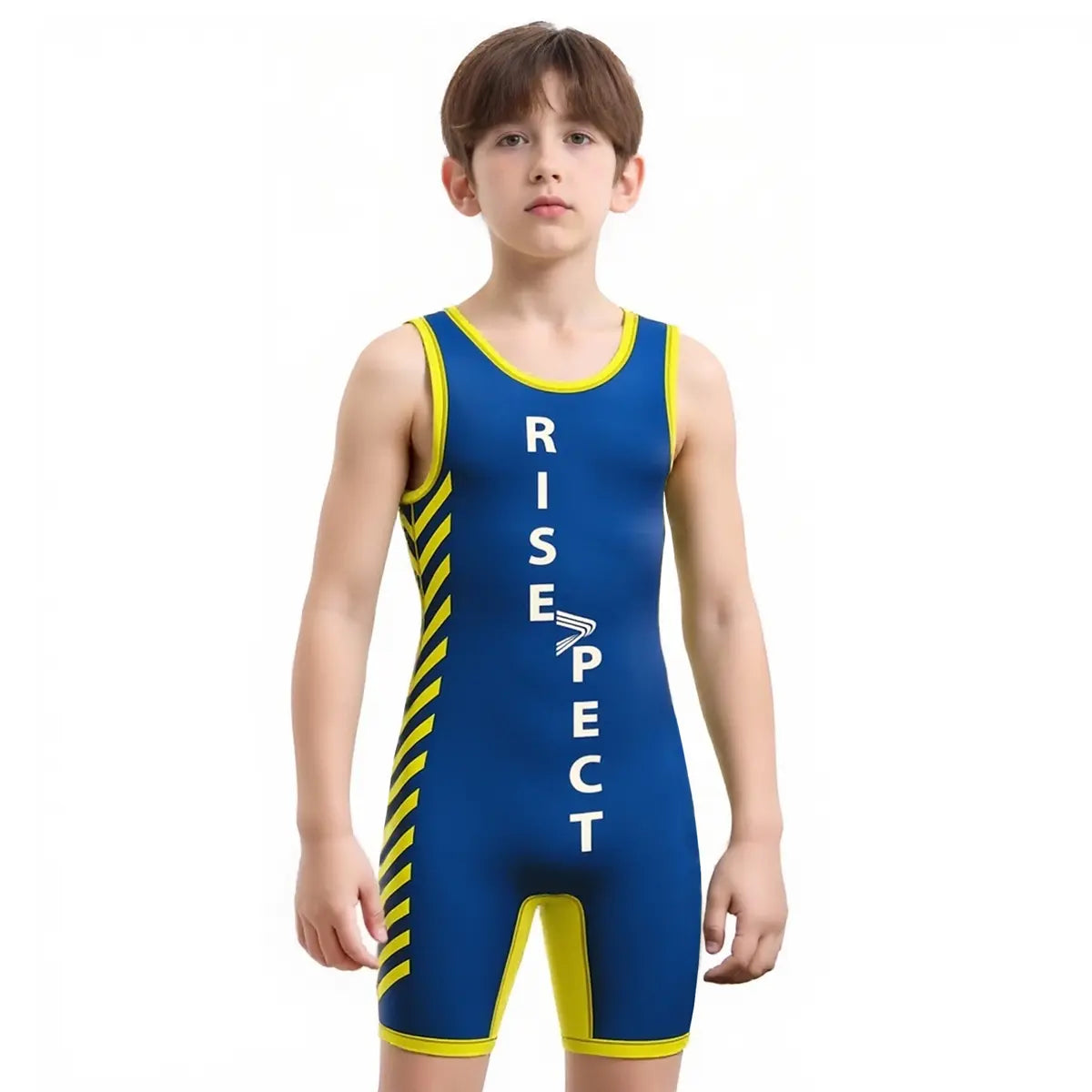 Kids Model in Yellow & Blue Wrestling Singlet 1.0