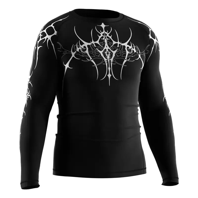 The Right Front View of Kishpert Iron Veins White Tribal Overlay Rash Guard 3.0