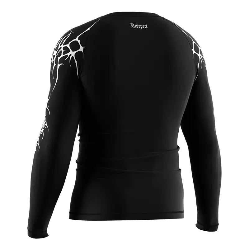 The Left Back View of Kishpert Iron Veins White Tribal Overlay Rash Guard 3.0
