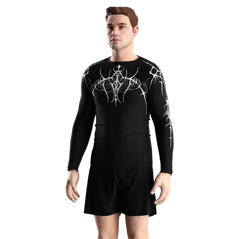 Male Model in Kishpert Iron Veins White Tribal Overlay Rash Guard 3.0 Front View