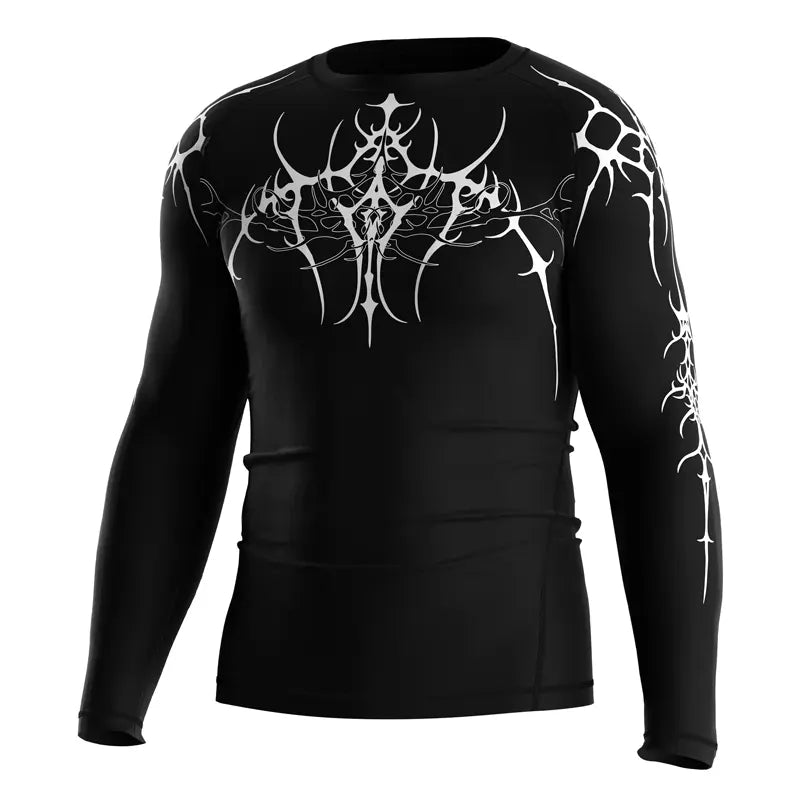 The Left Front View of Kishpert Iron Veins White Tribal Overlay Rash Guard 3.0