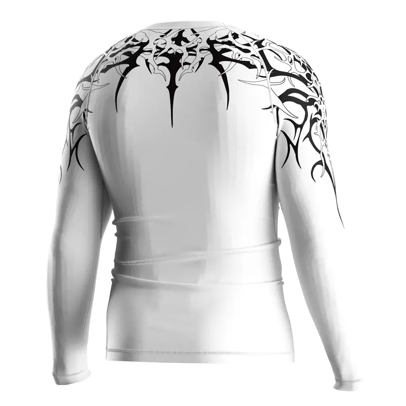 The Right Back View of Kishpert Revenant White Tribal Long Sleeve Rash Guard 3.0