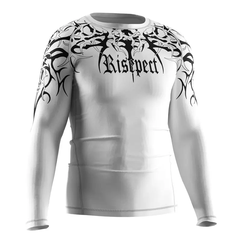 The Right Front View of Kishpert Revenant White Tribal Long Sleeve Rash Guard 3.0