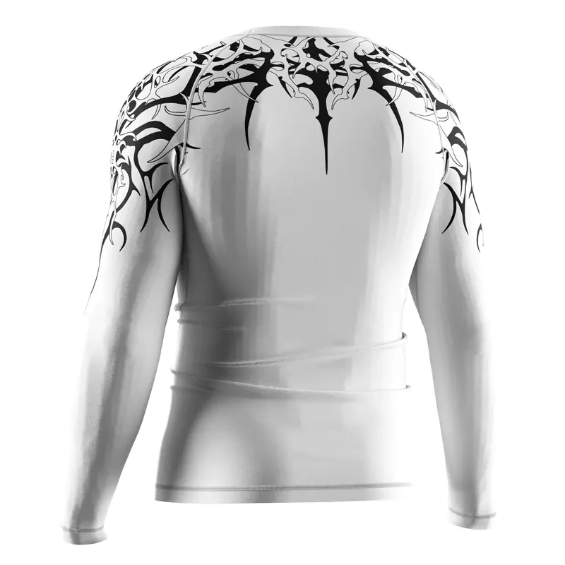 The Left Back View of Kishpert Revenant White Tribal Long Sleeve Rash Guard 3.0