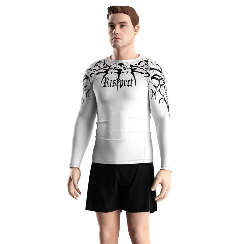 Male Model in Kishpert Revenant White Tribal Long Sleeve Rash Guard 3.0 Front View