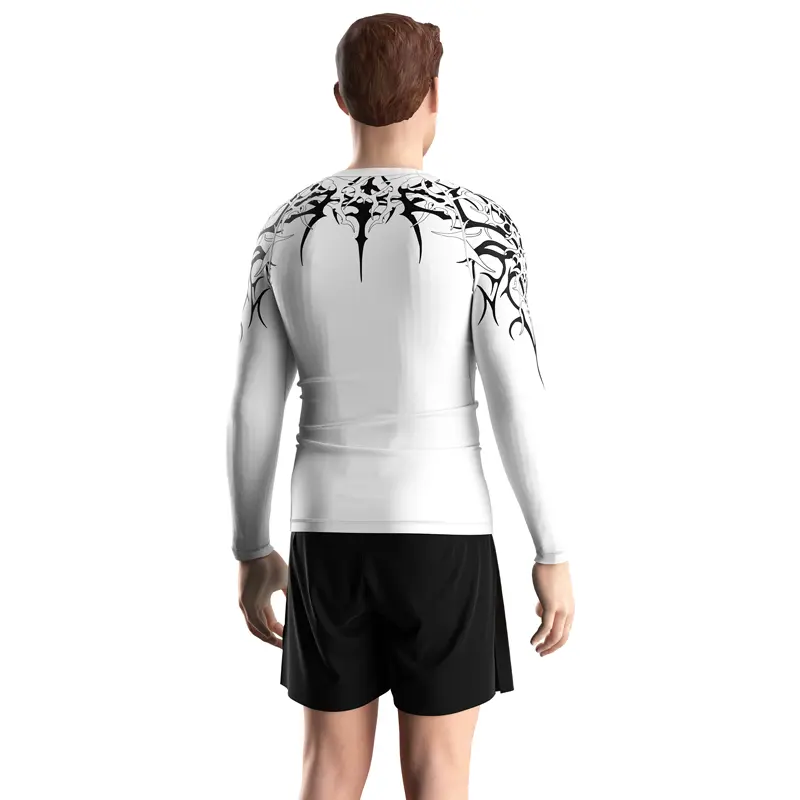 Male Model in Kishpert Revenant White Tribal Long Sleeve Rash Guard 3.0 Back View