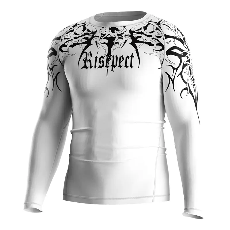 The Left Front View of Kishpert Revenant White Tribal Long Sleeve Rash Guard 3.0