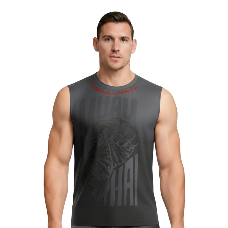Gray black Left Fist Graphic Muay Thai Sleeveless Shirt