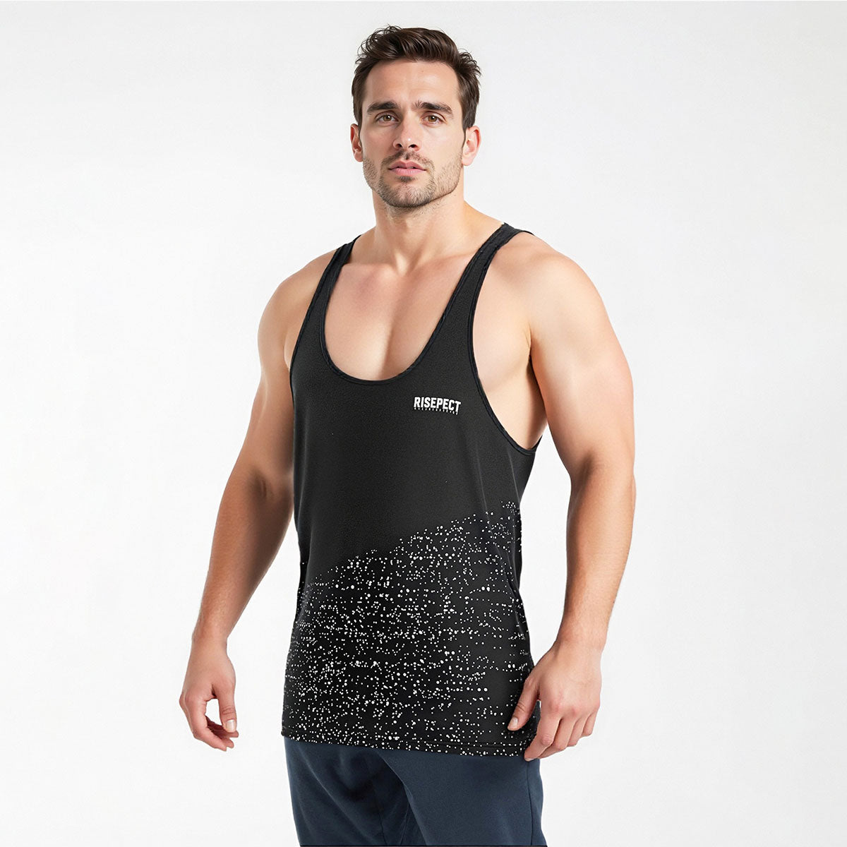 Male Model in City Print Mens Gym Stringer Tank for Workout Style