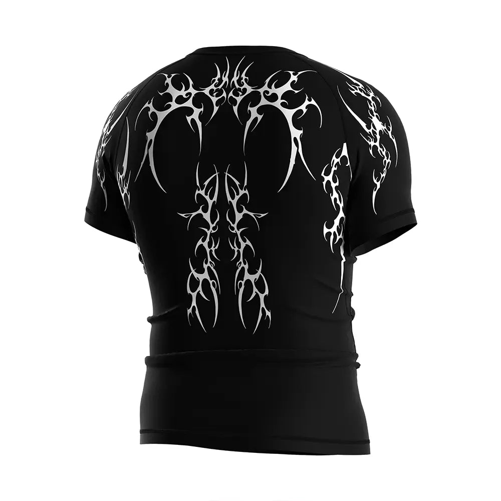 The Right Back View of Men Rash Guard 3.0 "Flame Sigil" Gothic Black Shirt Short Sleeve