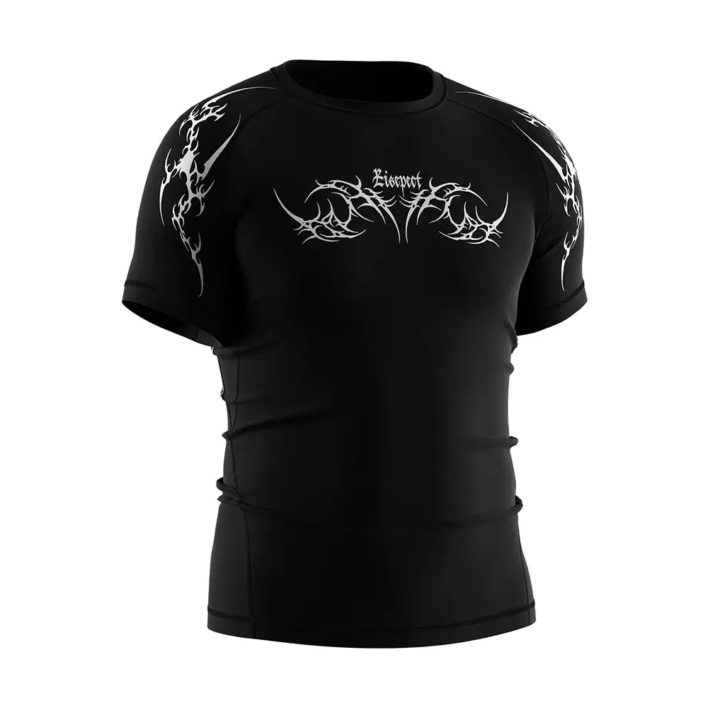 The Right Front View of Men Rash Guard 3.0 "Flame Sigil" Gothic Black Shirt Short Sleeve