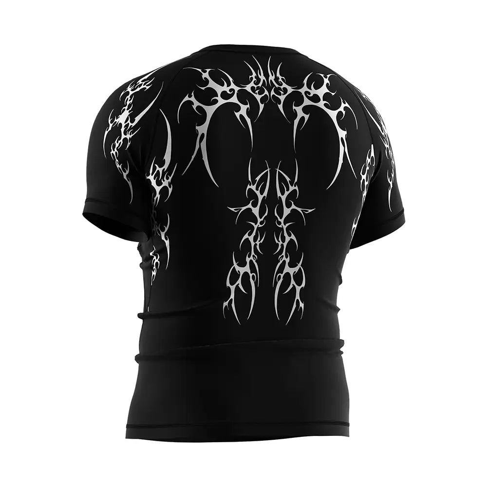 The Left Back View of Men Rash Guard 3.0 "Flame Sigil" Gothic Black Shirt Short Sleeve