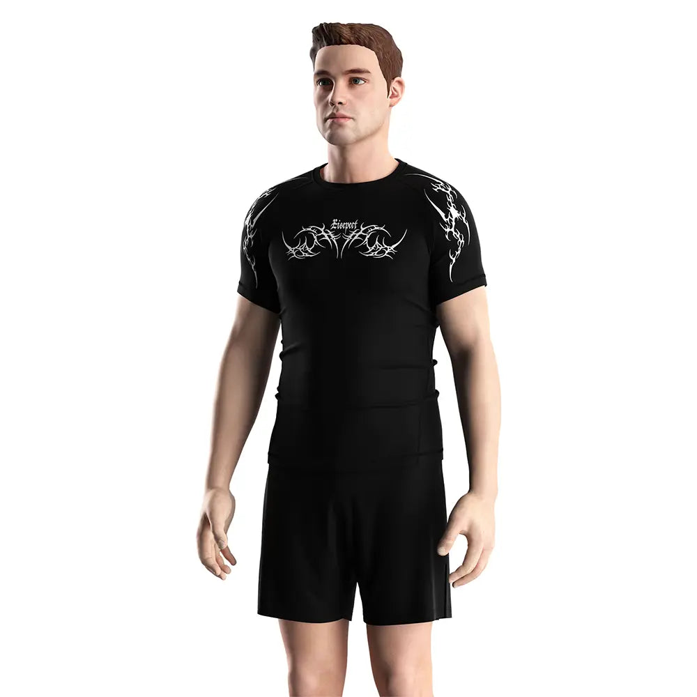 Male Model in Men Rash Guard 3.0 "Flame Sigil" Gothic Black Shirt Short Sleeve Front View