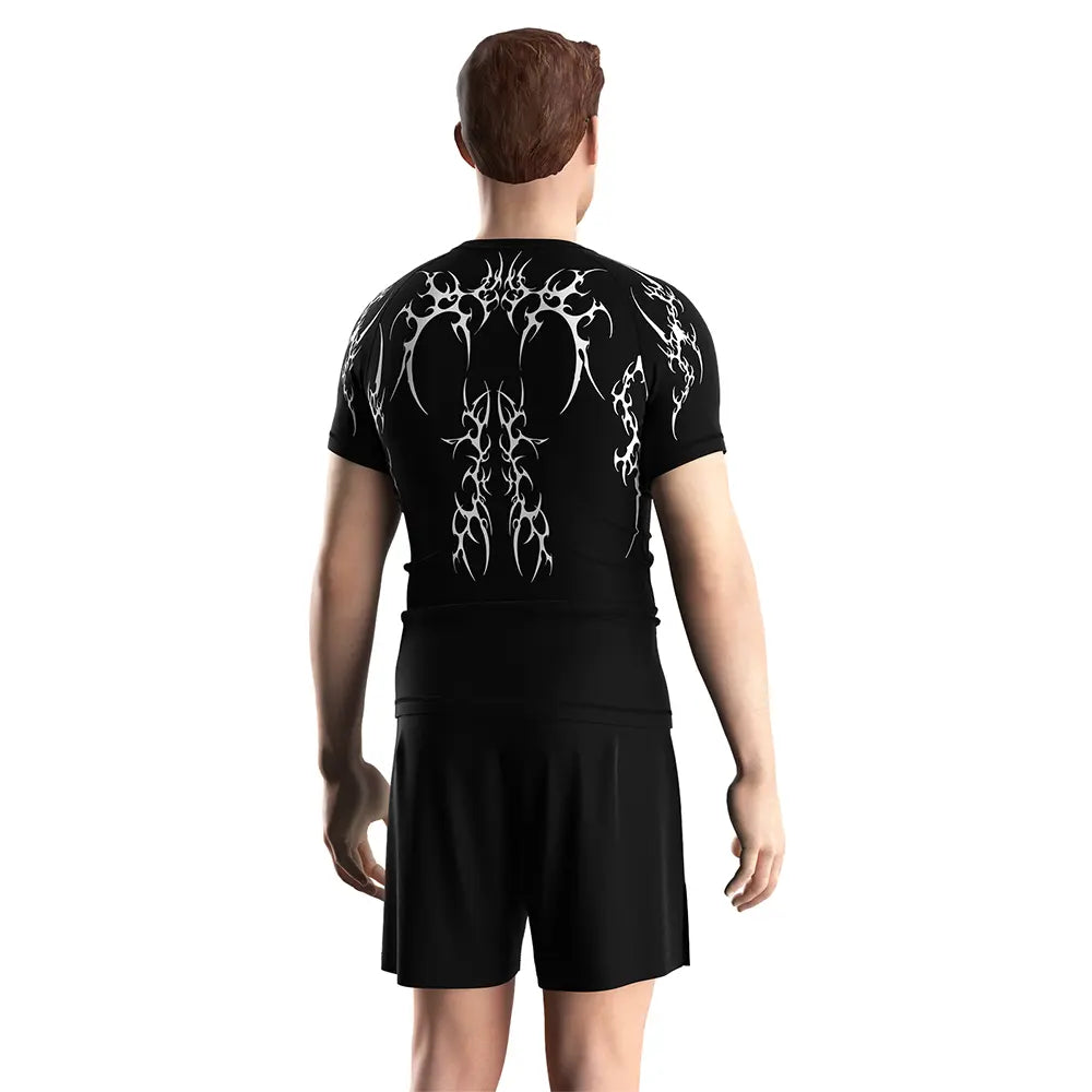 Male Model in Men Rash Guard 3.0 "Flame Sigil" Gothic Black Shirt Short Sleeve Back View
