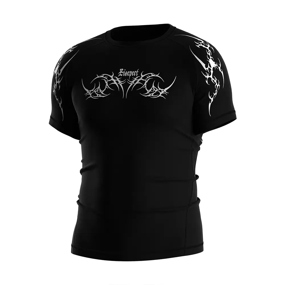 The Left Front View of Men Rash Guard 3.0 "Flame Sigil" Gothic Black Shirt Short Sleeve