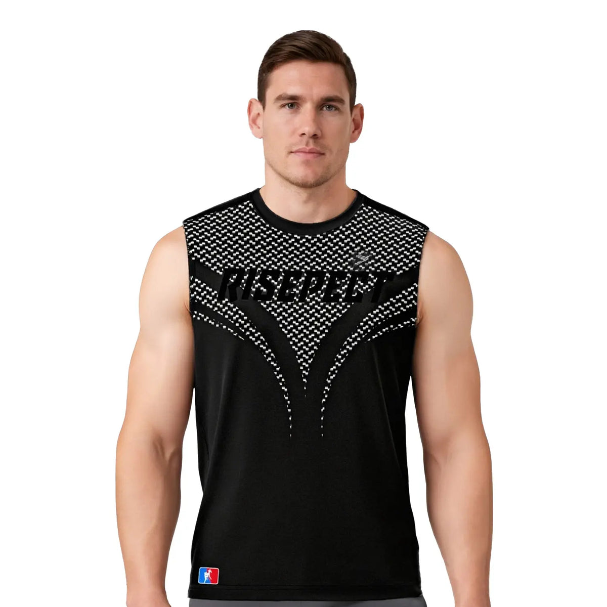 Male Model in Men's Muay Thai Shirt with Cut-Off Sleeve - Woven Check Pattern