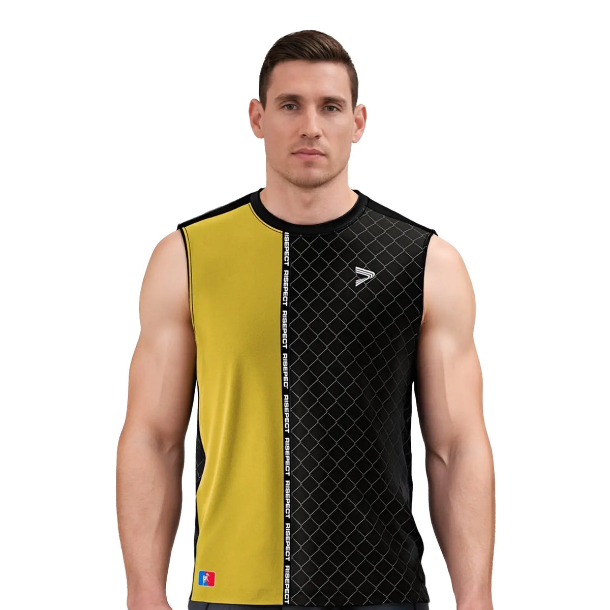 Male Model in Men's Muay Thai Sleeveless Shirt - Black & Gold Split Design