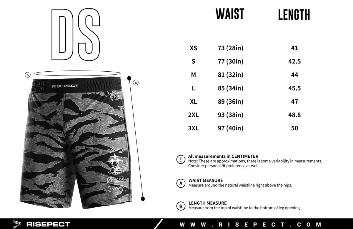 Gladiator 2 in 1 Shorts men's adult size chart XS to 3XL with measurements for accurate athletic fit selection