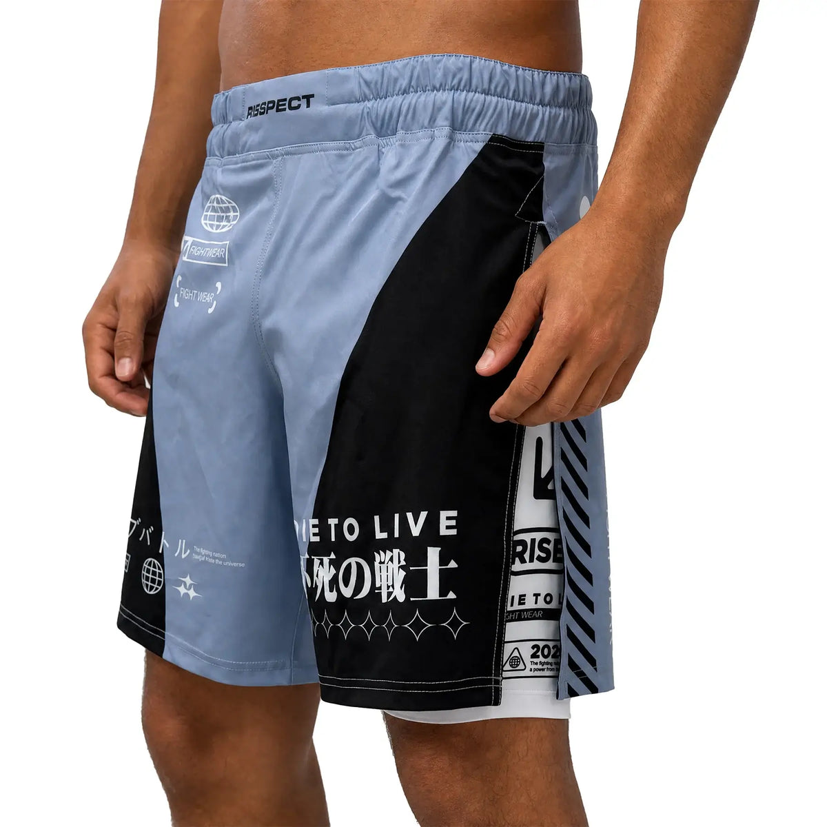 The male model in Navy Blue High Split MMA BJJ Competition Fight Shorts With White lining side front view
