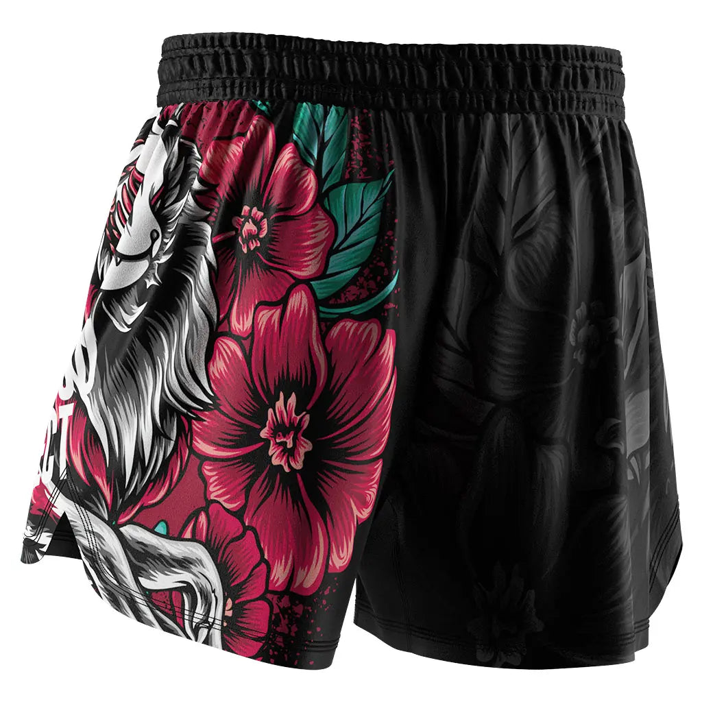 The Left Back View of Florals No-Gi Rise & Rift Jiu Jitsu Shorts