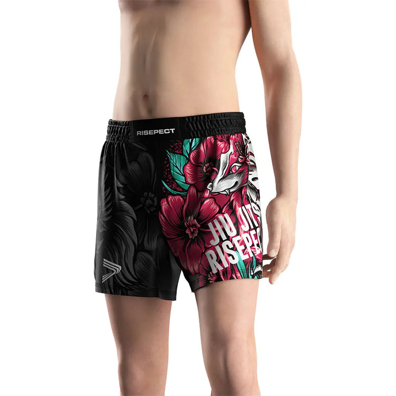 Male Model in Florals No-Gi Rise & Rift Jiu Jitsu Shorts Front View