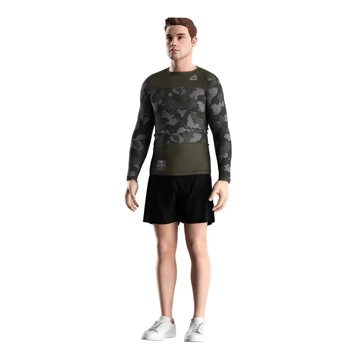 Male Model in Olive Echo Grounded Spirit Rash Guard 3.0 Front View