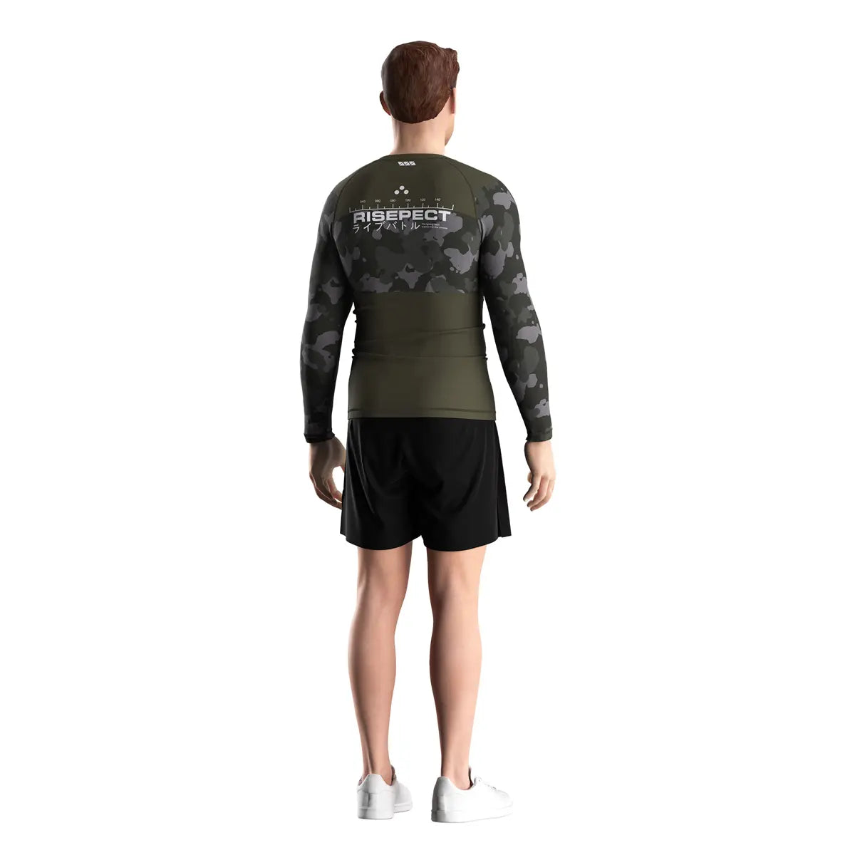 Male Model in Olive Echo Grounded Spirit Rash Guard 3.0 Back View