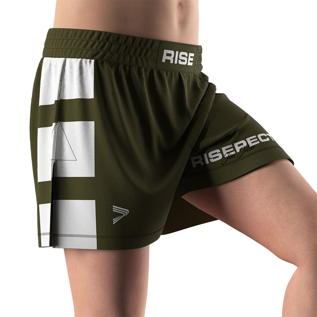 Male Model in Olive High Slit Tactical Flow BJJ MMA Hybrid Shorts Right Front View