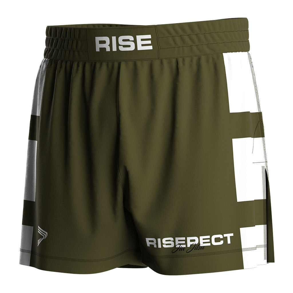 The Left Front View of Olive High Slit Tactical Flow BJJ MMA Hybrid Shorts