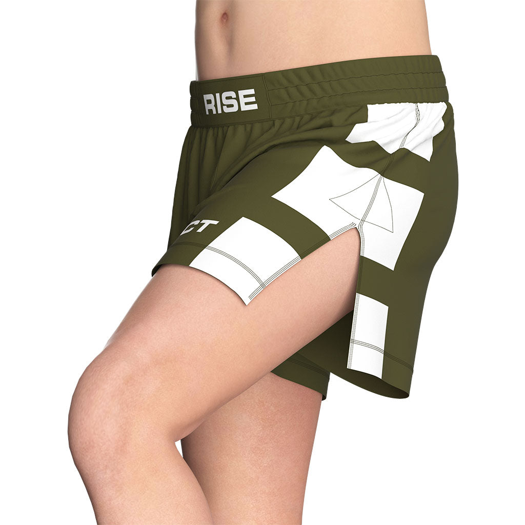 Male Model in Olive High Slit Tactical Flow BJJ MMA Hybrid Shorts Left Front View