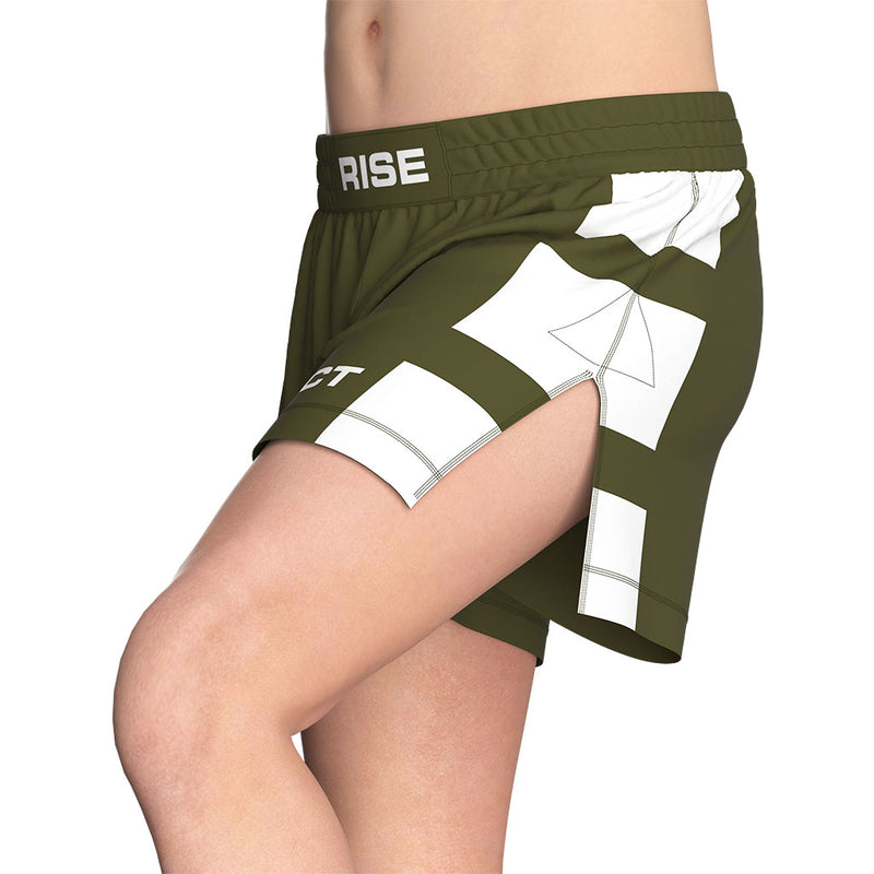 Male Model in Olive High Slit Tactical Flow BJJ MMA Hybrid Shorts Left Front View