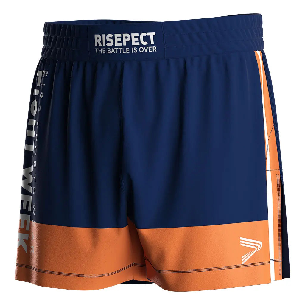 The Left Front View of Orange High Slit Battle Week BJJ MMA Hybrid Shorts