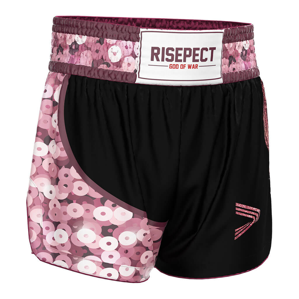 Pink Sequins Muay Thai Shorts Lightweight Retro Style - right front