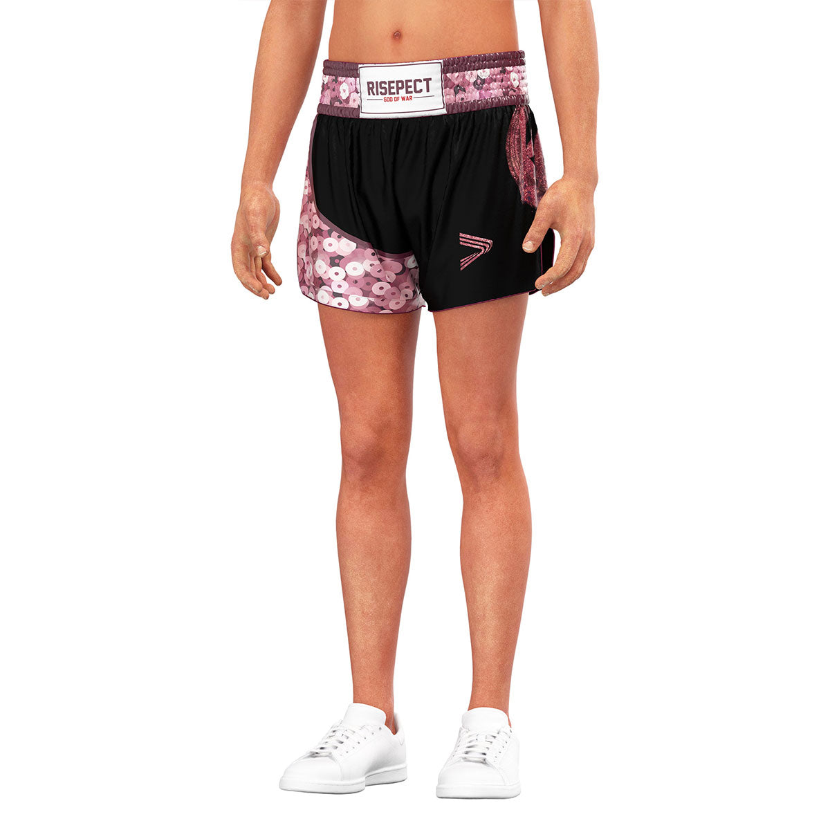 Male Model in Pink Sequins Muay Thai Shorts Lightweight Retro Style - front