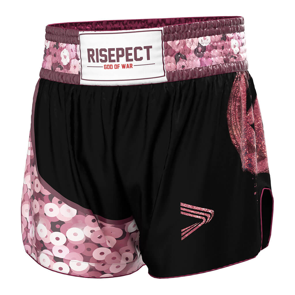 Pink Sequins Muay Thai Shorts Lightweight Retro Style - left front