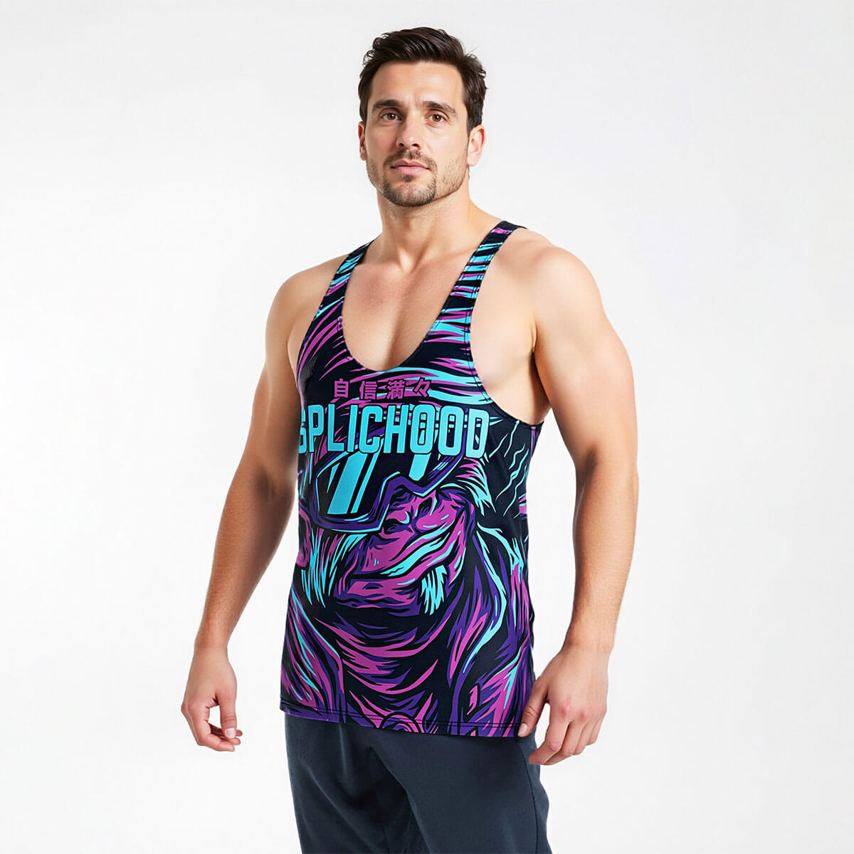 Male Model in Purple Abstract Zyzz Stringer Mens Bodybuilding Vest