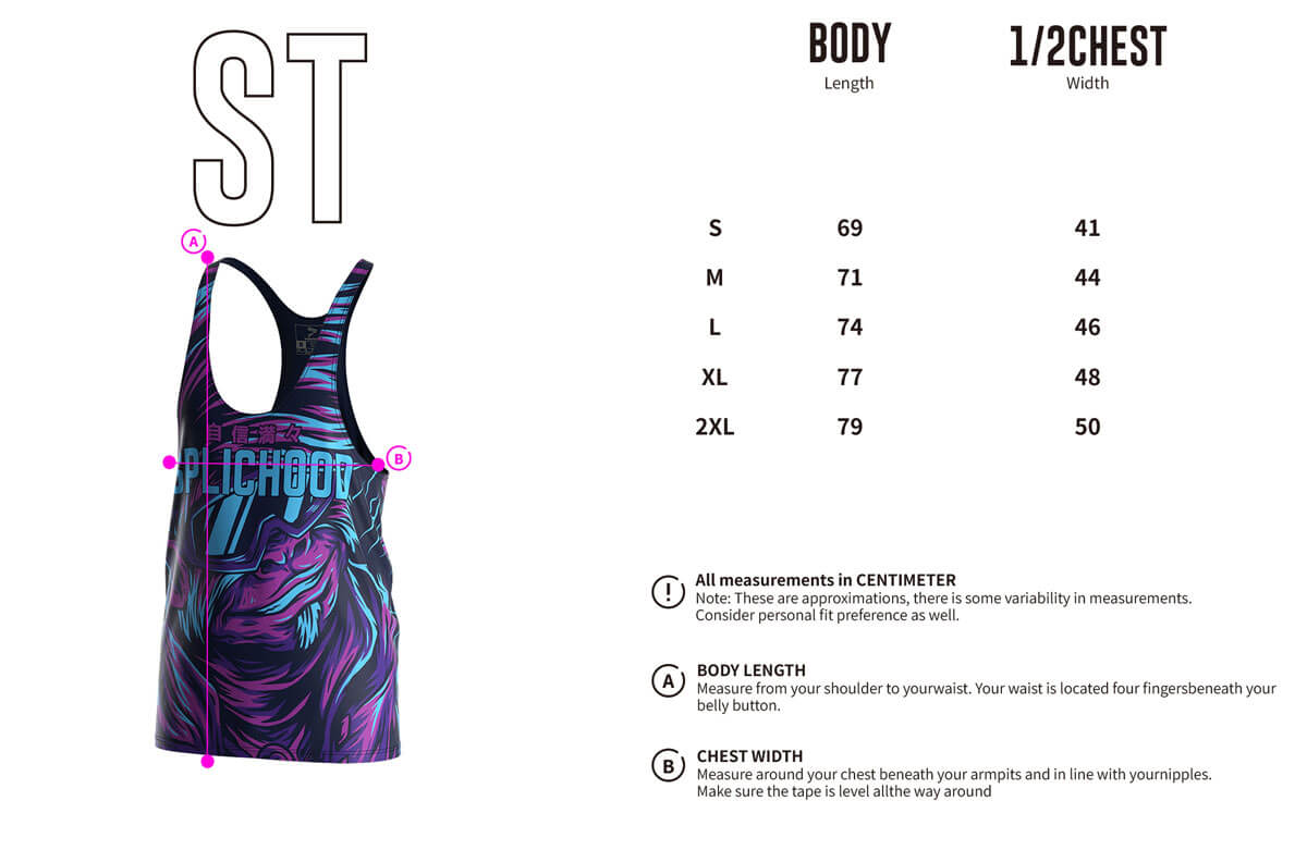 Adult Size Chart of Purple Abstract Zyzz Stringer Mens Bodybuilding Vest