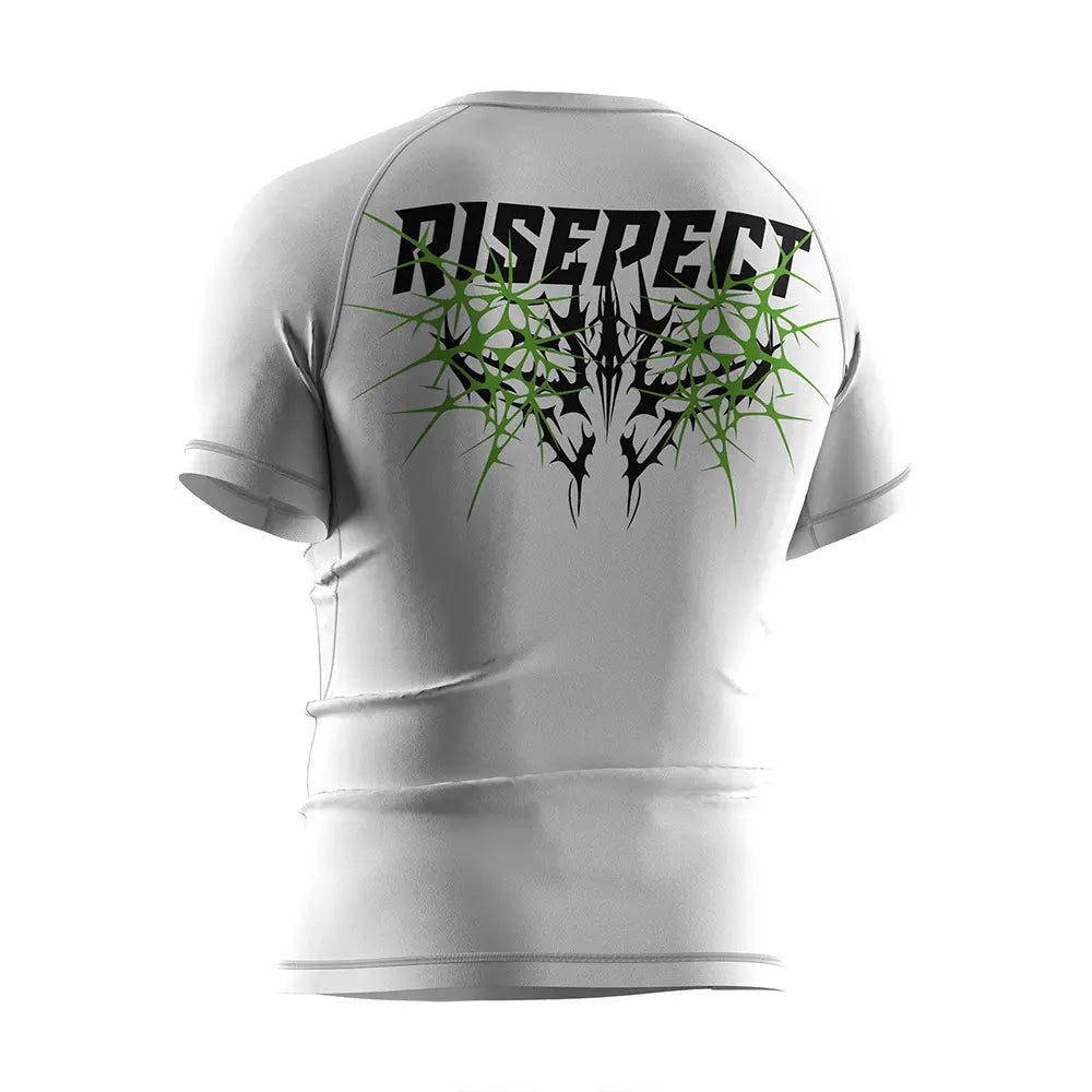 The Left Back View of Rash Guard 3.0 "Thorn Sigil" White Men Gothic Clothing Short Sleeve