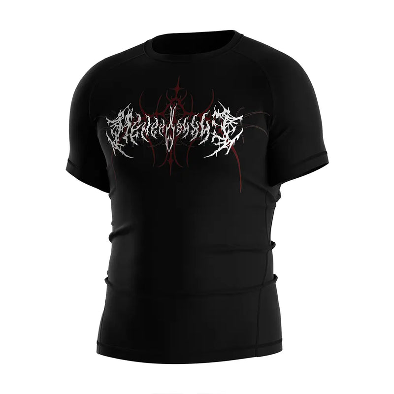 The Left Front View of Rash Guard 3.0 "Twin Howl" Gothic Metal Font Short Sleeve Tee Set - Style 2
