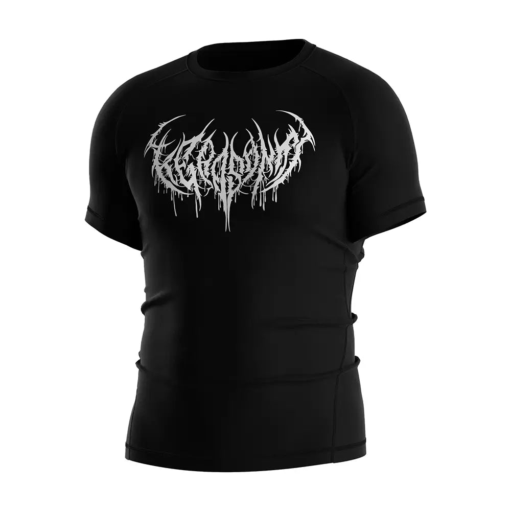 The Left Front View of Rash Guard 3.0 "Twin Howl" Gothic Metal Font Short Sleeve Tee Set - Style 1
