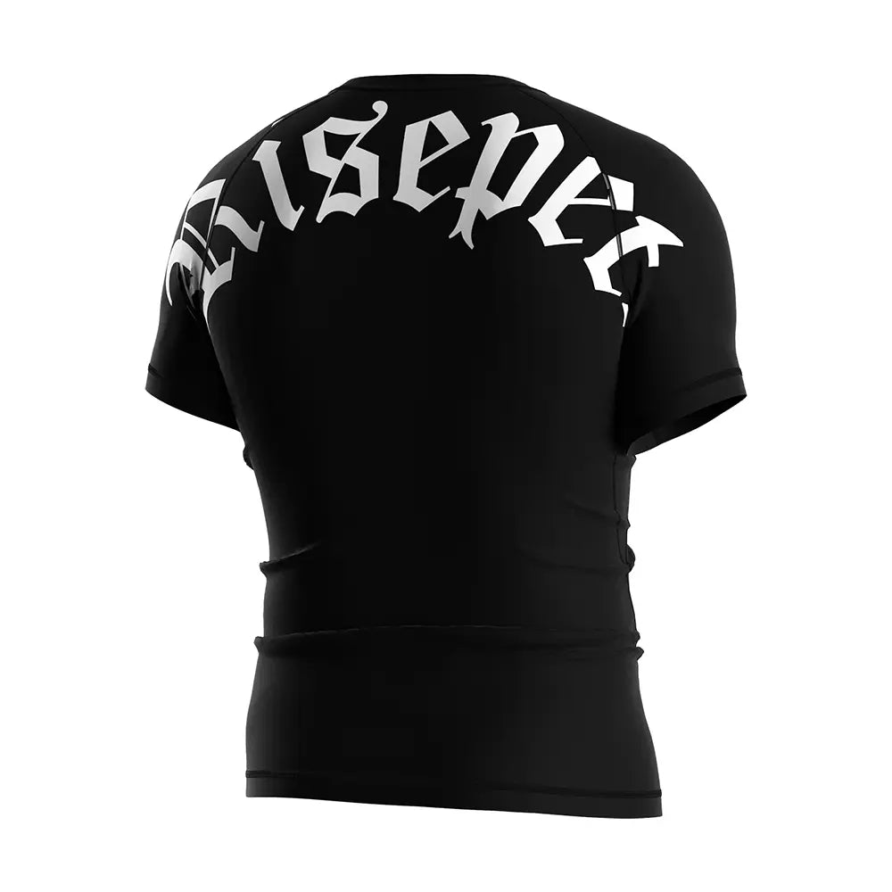 The Right Back View of Rash Guard 3.0 "Twin Howl" Gothic Metal Font Short Sleeve Tee Set