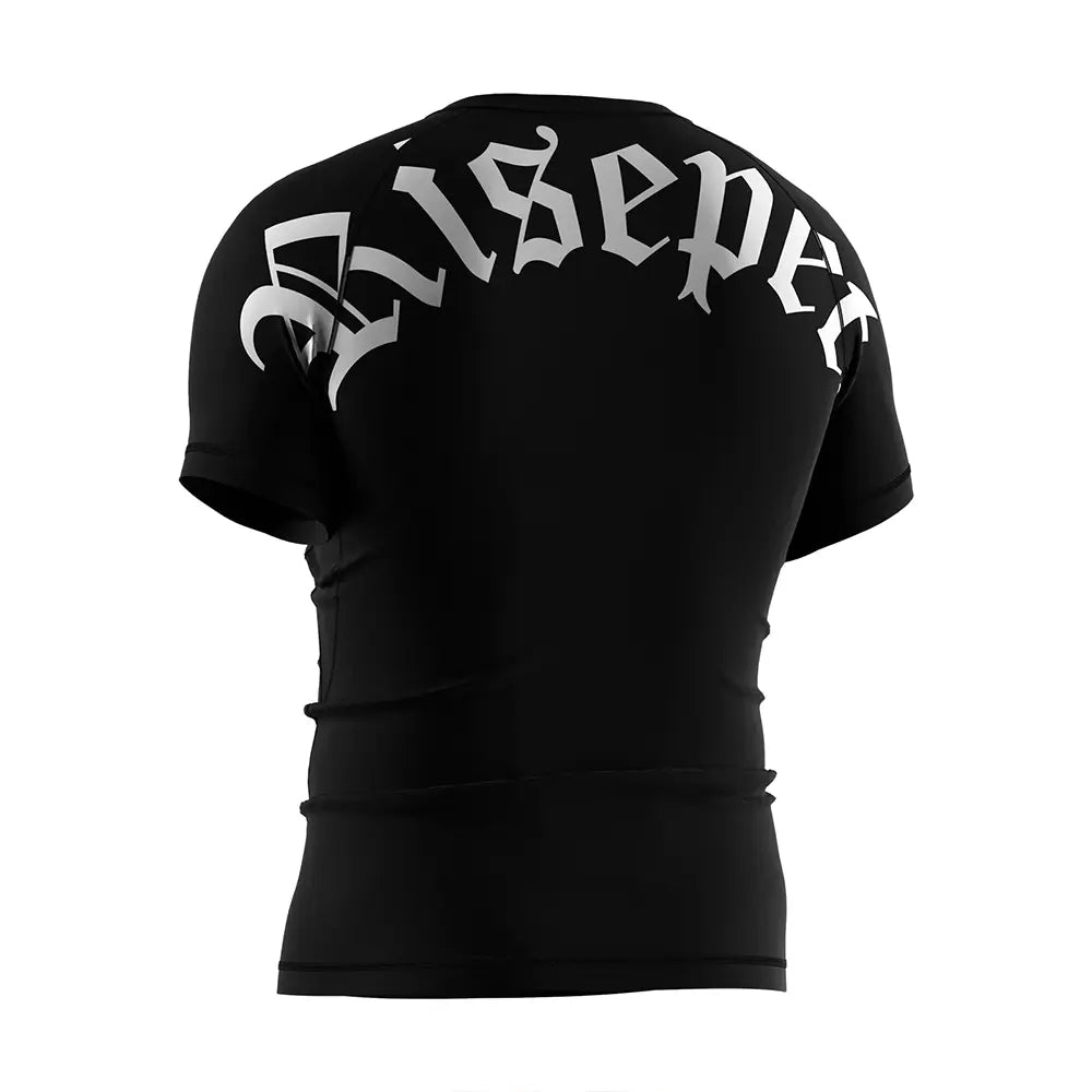 The Left Back View of Rash Guard 3.0 "Twin Howl" Gothic Metal Font Short Sleeve Tee Set