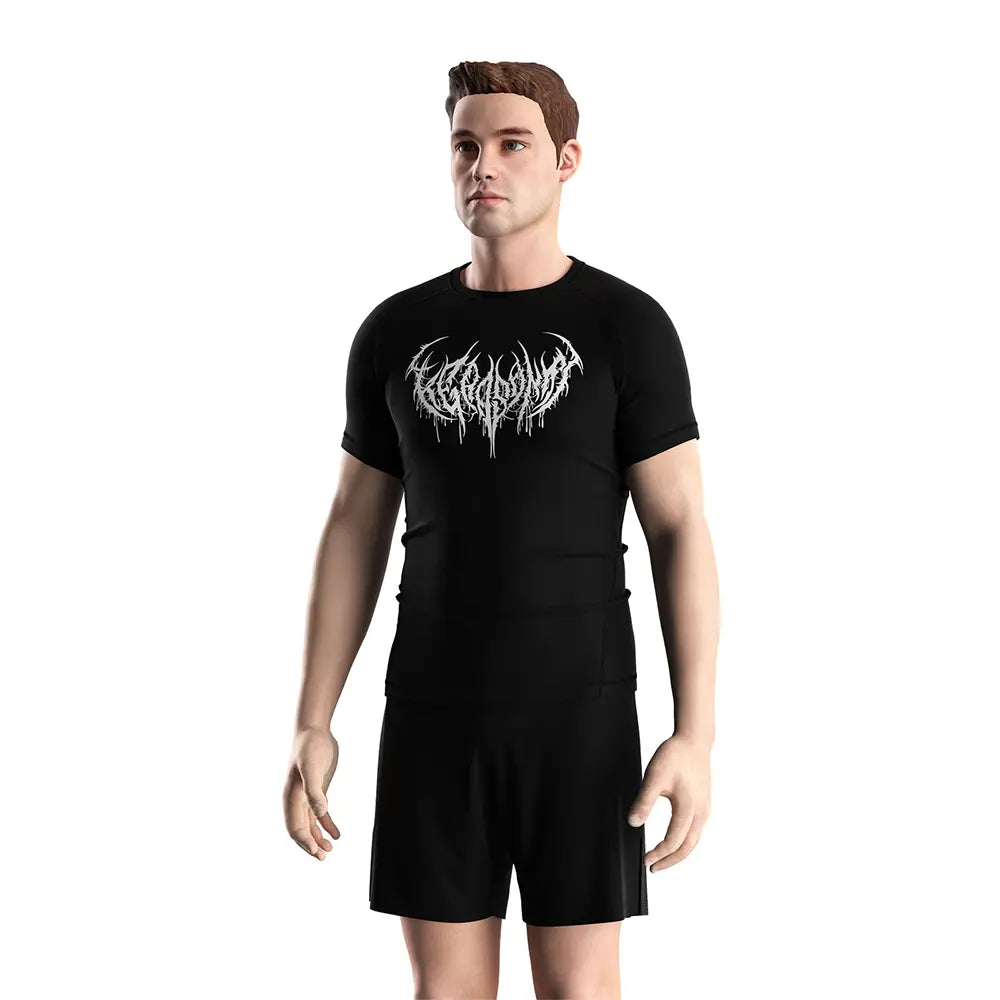 Male Model in Rash Guard 3.0 "Twin Howl" Gothic Metal Font Short Sleeve Tee Set Front View