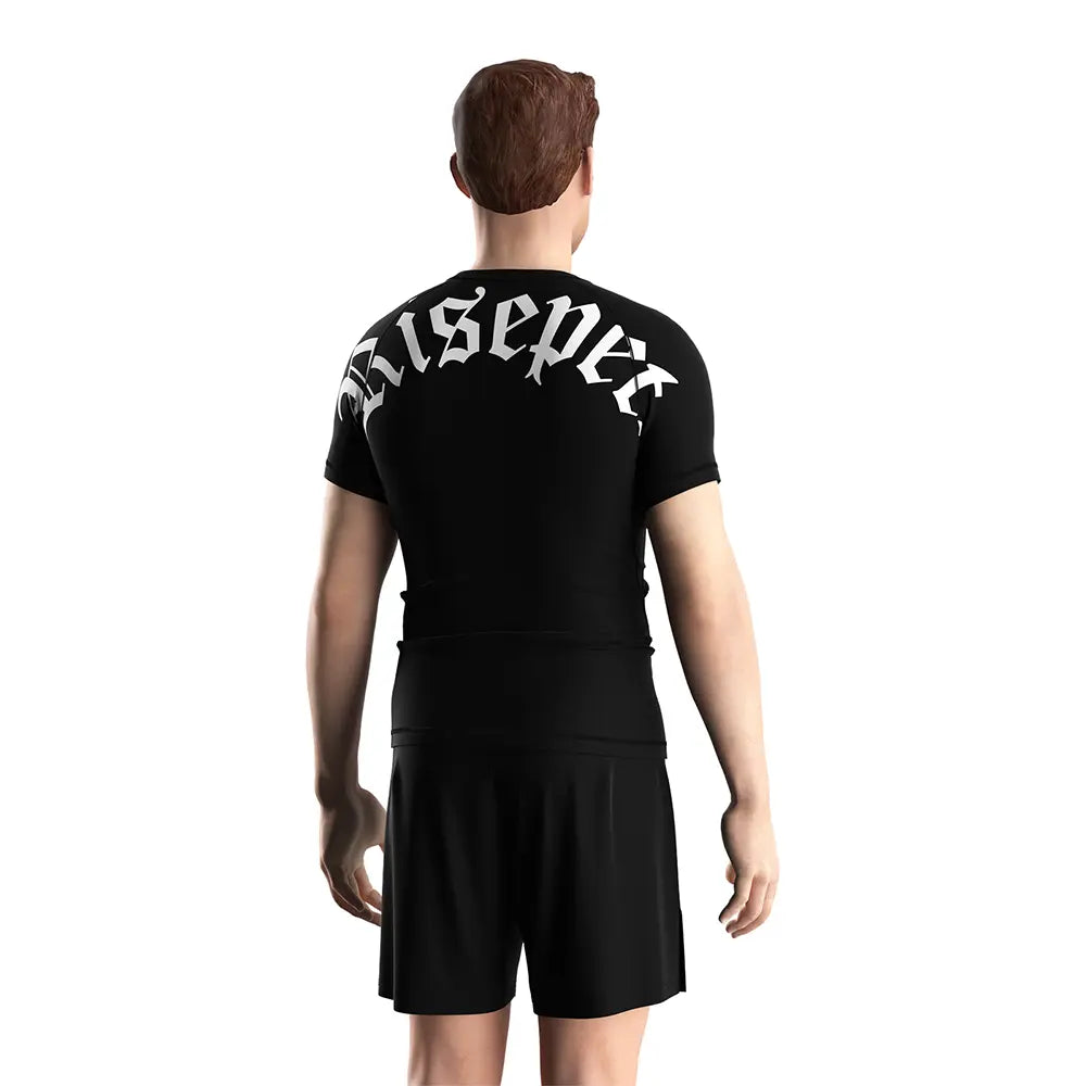 Male Model in Rash Guard 3.0 "Twin Howl" Gothic Metal Font Short Sleeve Tee Set Back View